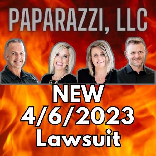 Paparazzi Accessories and picture of founders: Trent Kirby, Misty Kirby, Chantel Reeve, and Ryan Reeve, above the 4/6/2023 date of latest lawsuit